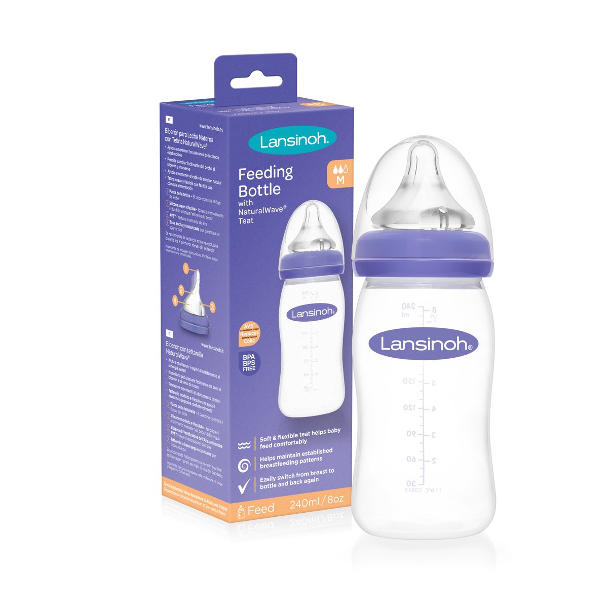 Lansinoh Baby Feeding Bottle Medium Flow Silicone Teat 240ml - Sleek Choice