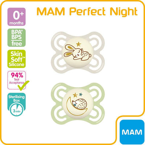 MAM Perfect Night Soothers 0+ Months (Pack of 2) White/Green - Sleek Choice