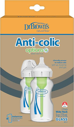 Dr Brown's Options+ Anti-Colic Baby Twin Bottle Glass 270Ml Wide Neck 0m+