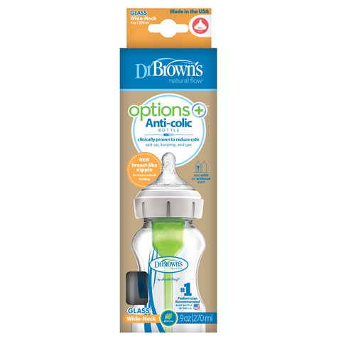 Dr Brown's Options+ Anti-Colic Baby Bottle Glass 270Ml Wide Neck 0m+ - Sleek Choice UK