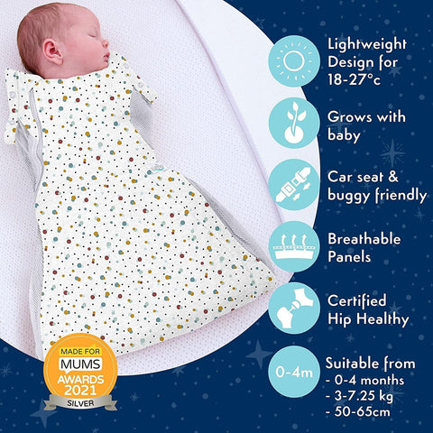 Purflo Swaddle To Sleep Bag 0.5 Tog Scandi Spot Lightweight 0-4M