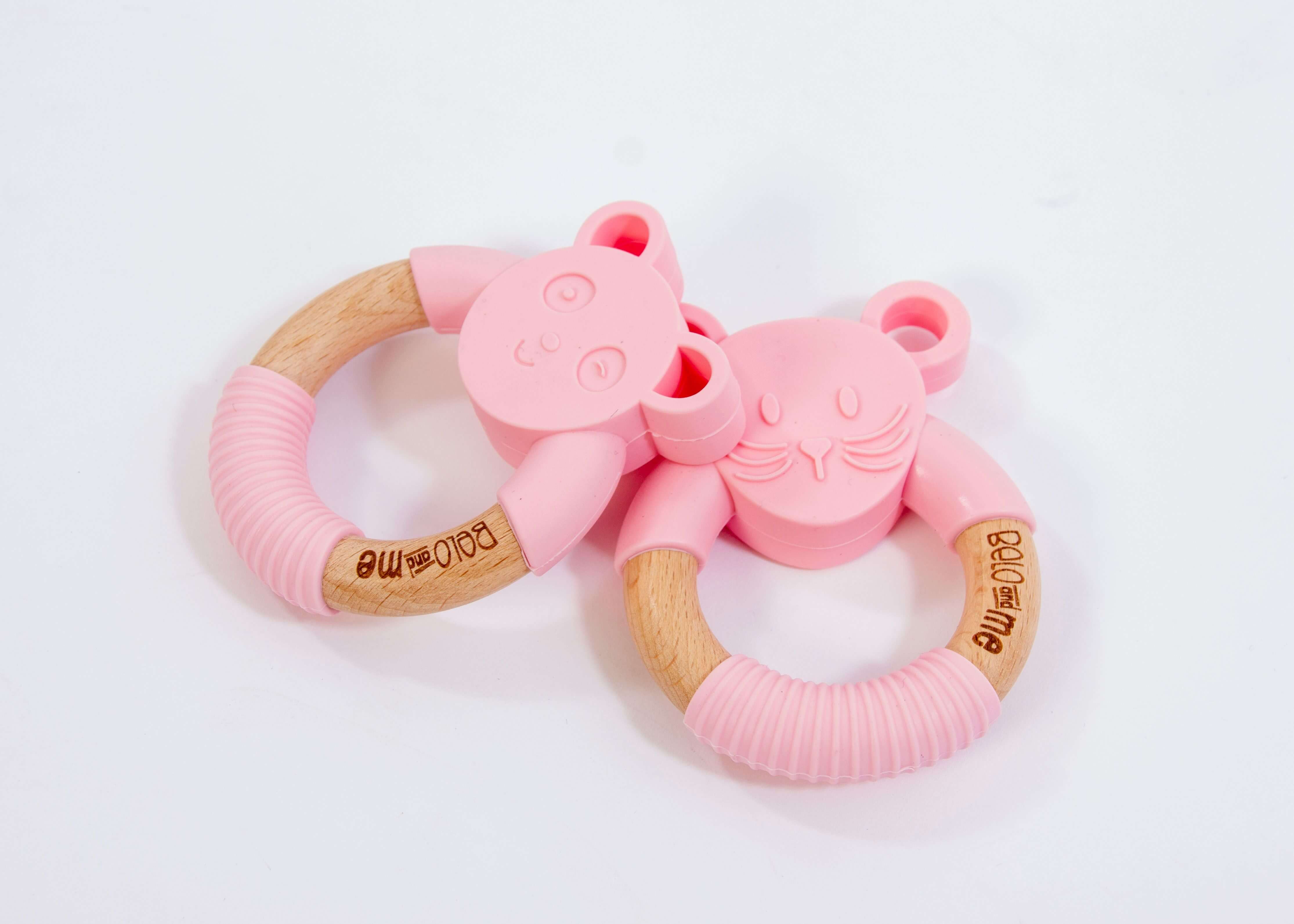 Belo And Me Animal Wood Teether Monty Mouse Pink - Sleek Choice UK