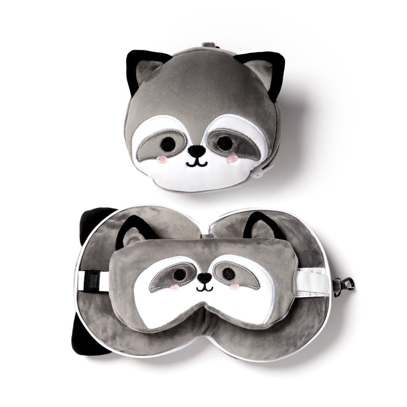 Raccoon Relaxeazzz Plush Round Travel Pillow & Eye Mask Set - Sleek Choice UK