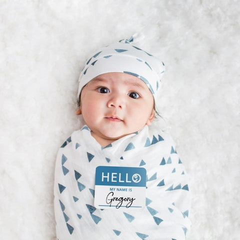 Hello World Newborn Hat & Swaddle Sets - Navy Triangle