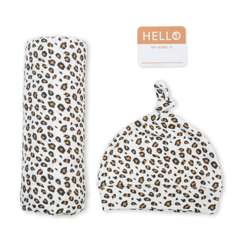 Hello World Newborn Hat & Swaddle Set Leopard