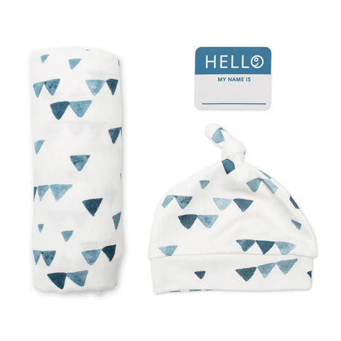 Hello World Newborn Hat & Swaddle Sets - Navy Triangle